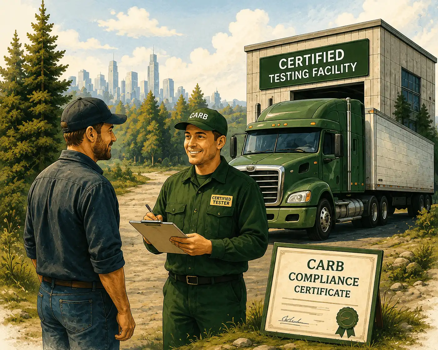 Truck owner and CARB tester reviewing Clean Truck Check certificate paperwork